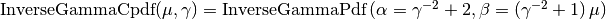 \text{InverseGammaCpdf}(\mu, \gamma) = \text{InverseGammaPdf}\left(
\alpha = \gamma^{-2} + 2, \beta = \left( \gamma^{-2} + 1 \right) \mu \right)